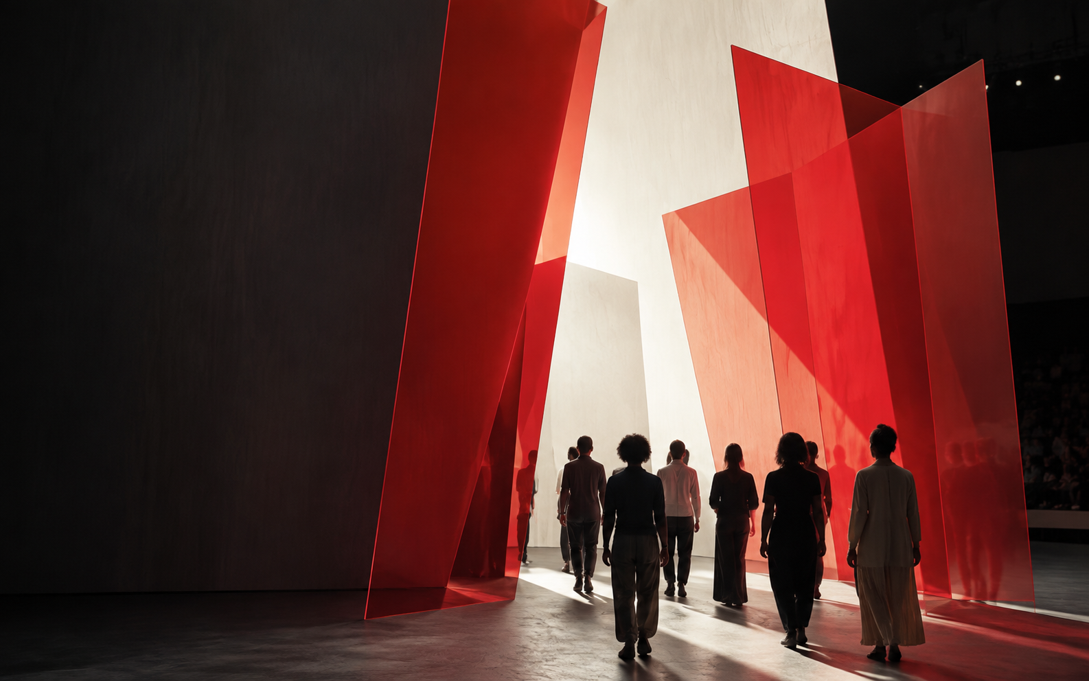 Community figures walking through a red architectural installation toward light